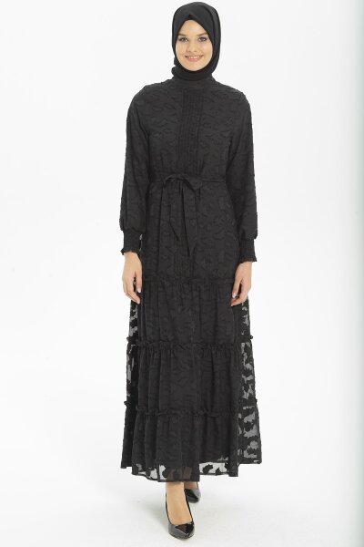 Siyah Nervürlü Yaprak Baskılı Şifon Elbise