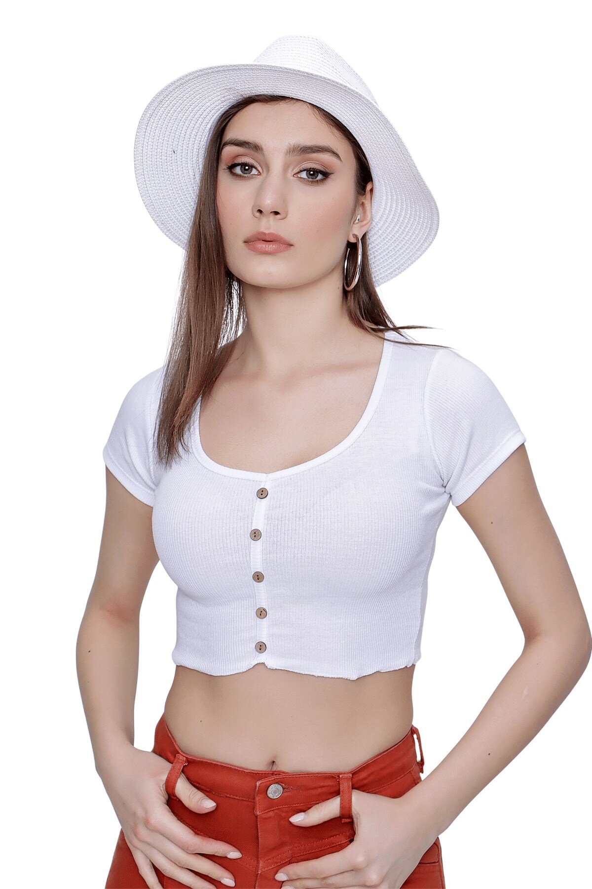 Butik Buruç Beyaz Düğmeli Fitilli Crop Bluz