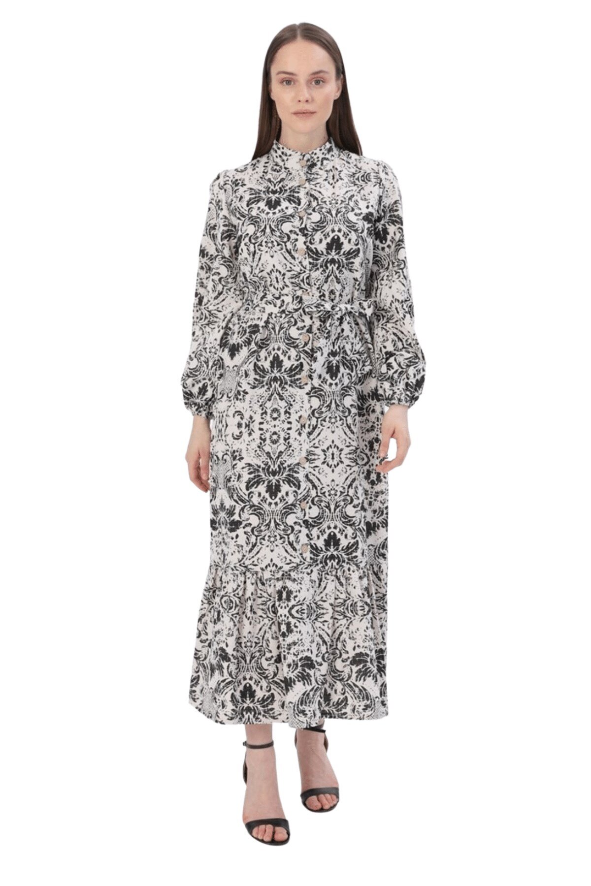Butik Buruç Siyah Düğmeli Etnik Desen Boydan Elbise