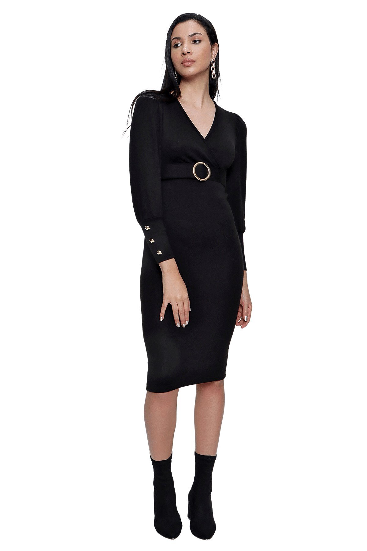 Butik Buruç Siyah Kol Düğmeli Kruvaze Midi Elbise