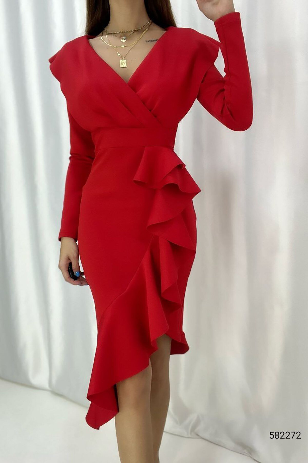 Deafox Kırmızı Uzun Kollu Scuba Kumaş Volanlı Midi Elbise