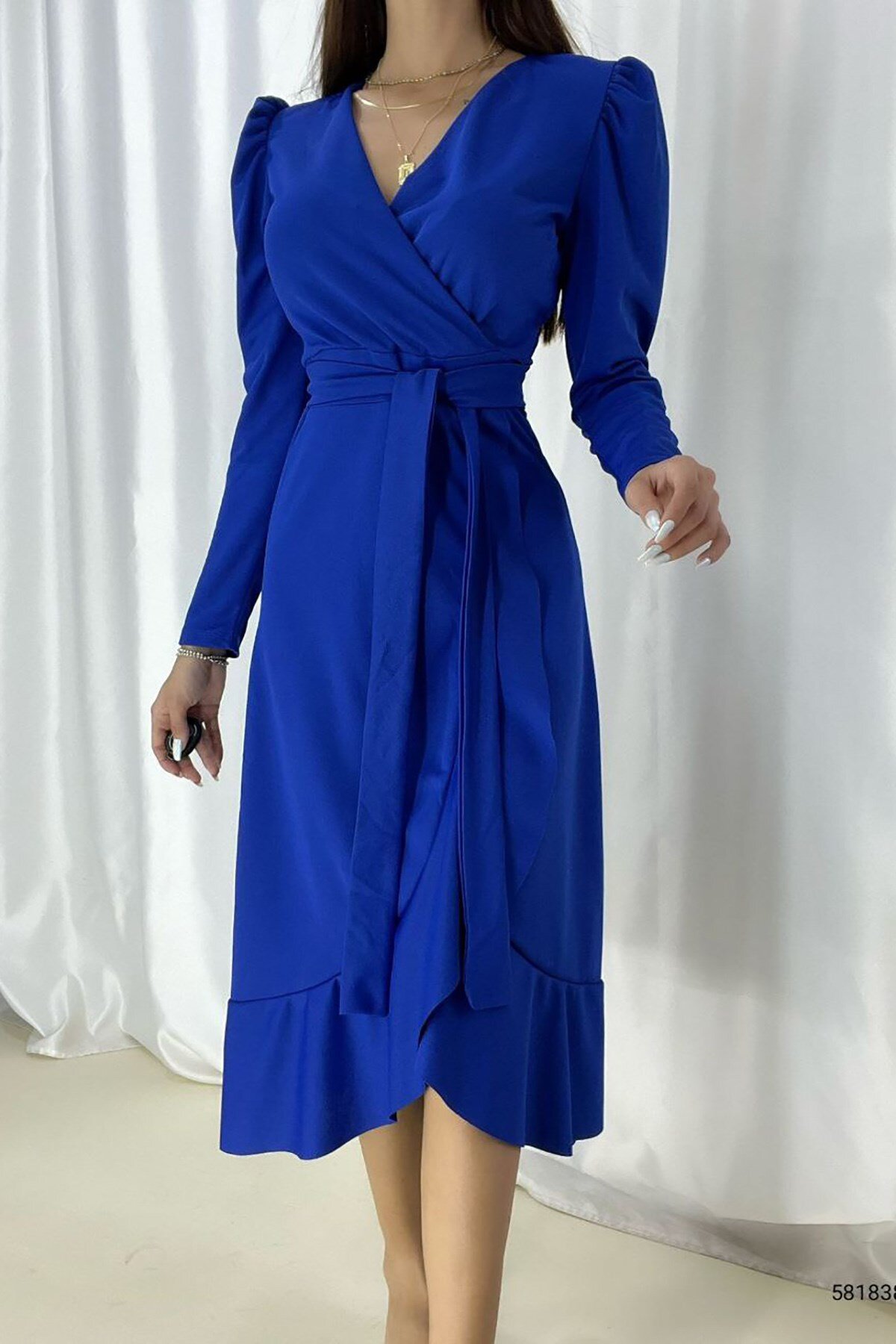 Deafox Mavi Krep Kumaş Uzun Kollu Kuşaklı Midi Elbise