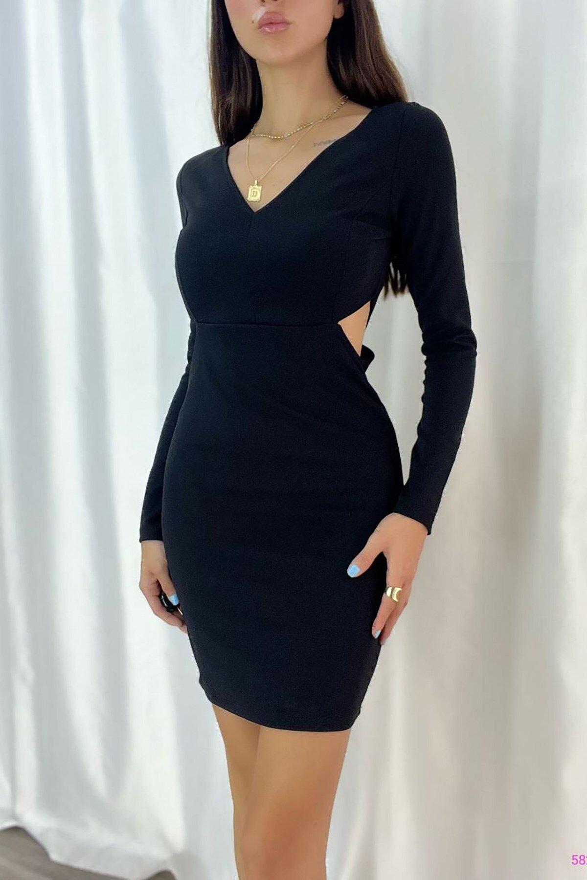 Deafox Siyah İthal Krep Kumaş Uzun Kollu Bel Dekolteli Mini Elbise