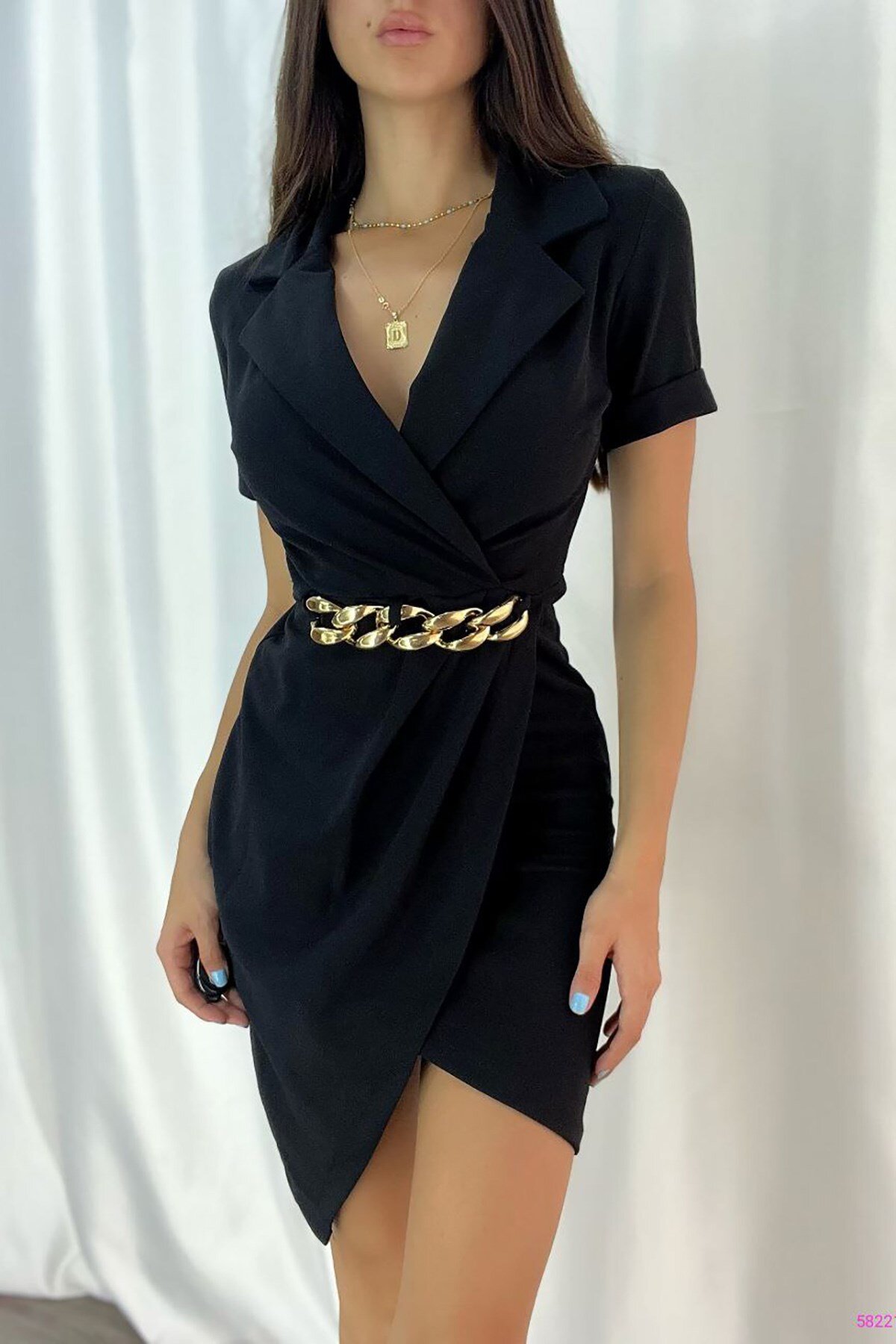 Deafox Siyah İthal Krep Kumaş Zincir Ve Yaka Detaylı Mini Elbise