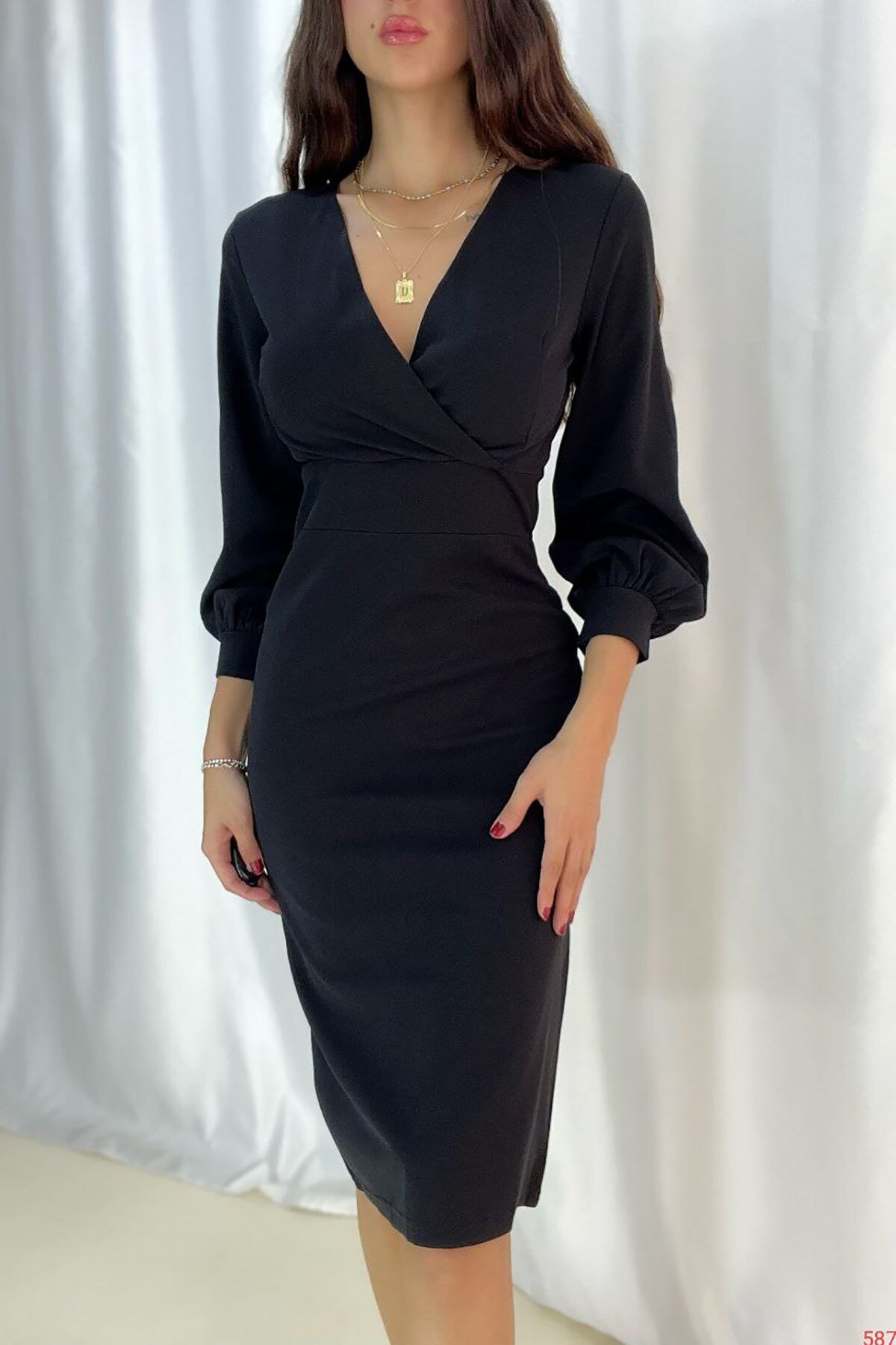 Deafox Siyah Krep Kumaş Uzun Kollu Kruvaze Yaka Midi Elbise