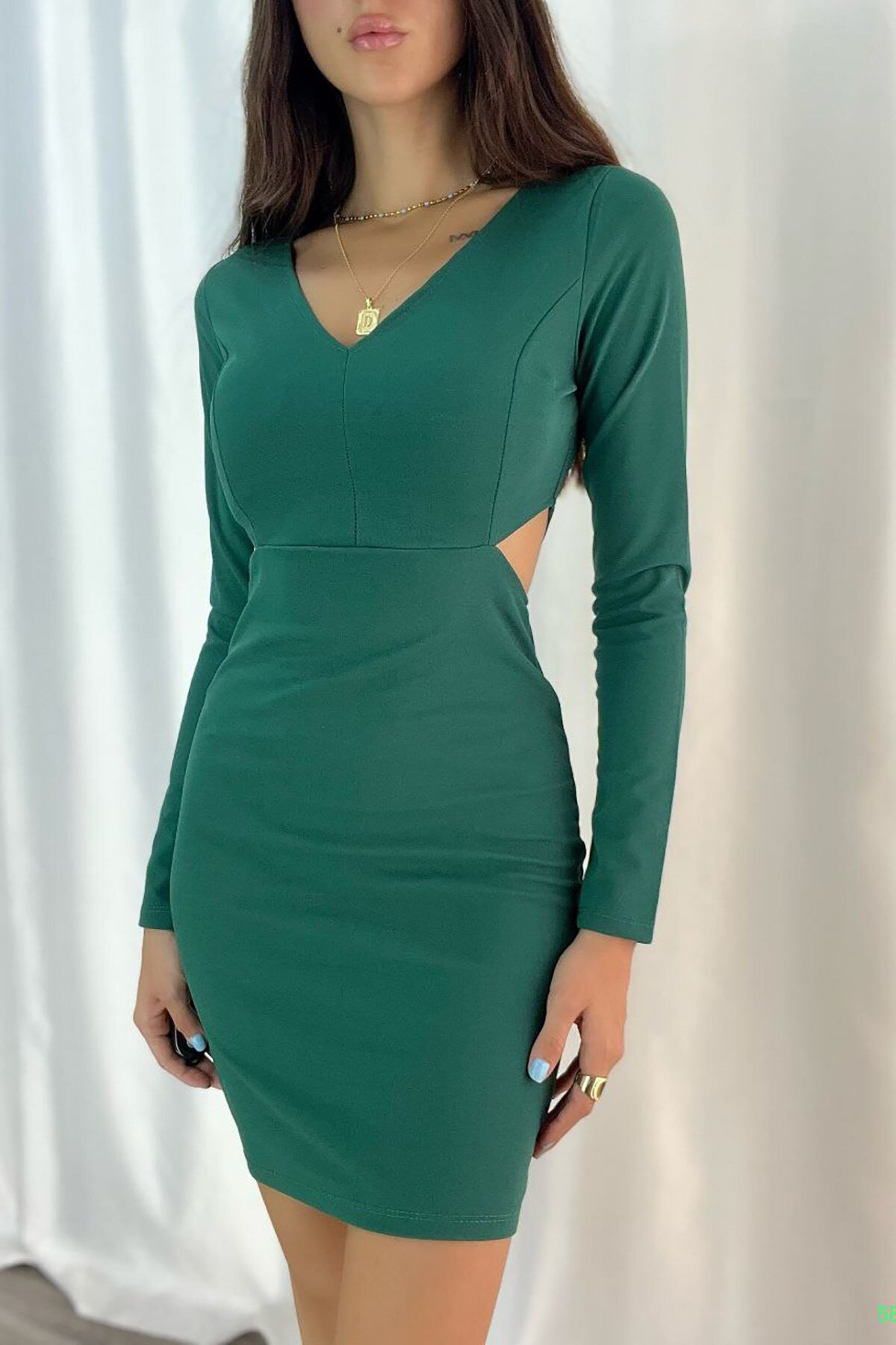 Deafox Yeşil İthal Krep Kumaş Uzun Kollu Bel Dekolteli Mini Elbise