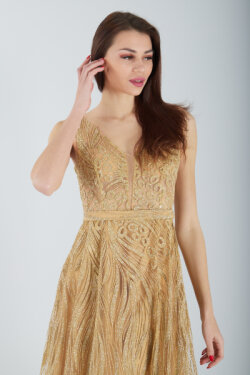 Gold Transparan Detaylı Simli Uzun Abiye Elbise