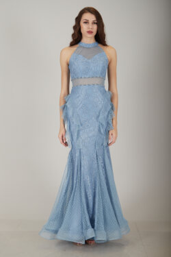 İndigo Beli Transparan Detaylı Tül Uzun Abiye Elbise