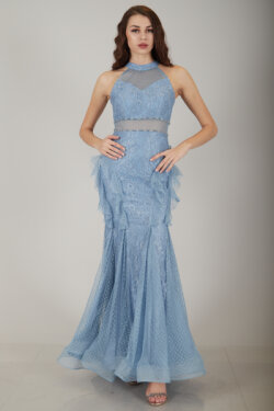 İndigo Beli Transparan Detaylı Tül Uzun Abiye Elbise