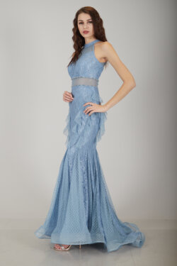 İndigo Beli Transparan Detaylı Tül Uzun Abiye Elbise