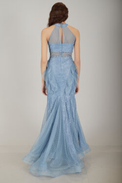 İndigo Beli Transparan Detaylı Tül Uzun Abiye Elbise