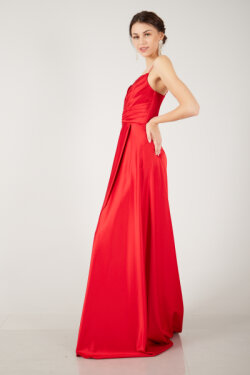 Kırmızı İp Askılı Transparan Yaka Saten Uzun Abiye Elbise