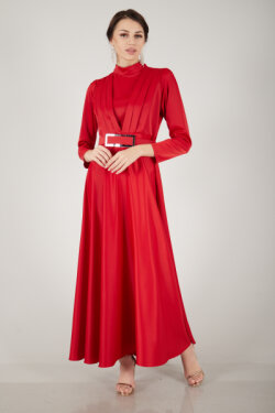 Kırmızı Önü Drape Detaylı Saten Abiye Elbise