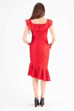 Kırmızı Üstü Ve Altı Fırfırlı Dantel Midi Abiye Elbise