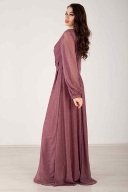 Lavanta Eteği Kapama Detaylı Simli Uzun Abiye Elbise