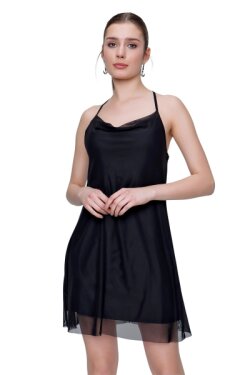 Askılı Siyah Sırtı Çapraz Mini Tül Elbise