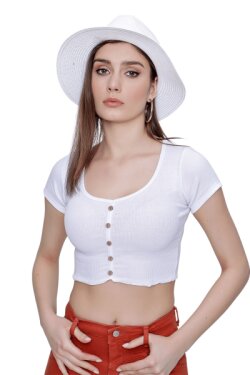 Beyaz Düğmeli Fitilli Crop Bluz