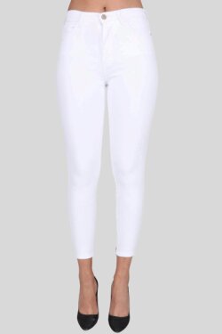 Beyaz Yüksek Bel Dar Paça Kot Pantolon