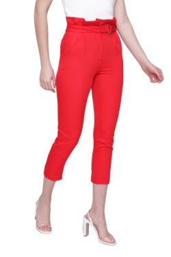 Kırmızı Çift Pileli Yüksek Bel Kumaş Pantolon