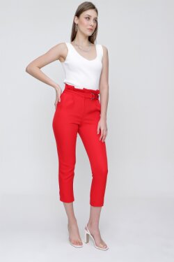 Kırmızı Çift Pileli Yüksek Bel Kumaş Pantolon