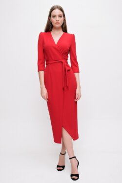 Kırmızı Kruvaze Yaka Midi Elbise