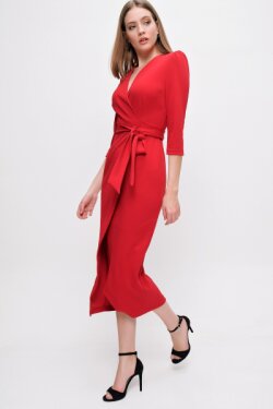 Kırmızı Kruvaze Yaka Midi Elbise