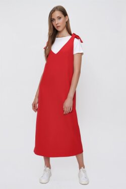 Kırmızı Omuzdan Bağlamalı Jile Midi Elbise