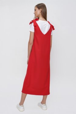 Kırmızı Omuzdan Bağlamalı Jile Midi Elbise