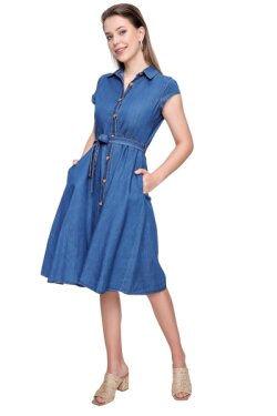Koyu Mavi Bel Kuşaklı Sıfır Kol Midi Kot Elbise
