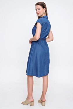 Koyu Mavi Bel Kuşaklı Sıfır Kol Midi Kot Elbise