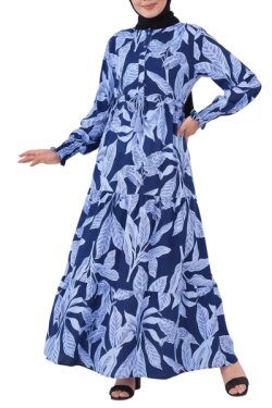 Lacivert Önden Bağlamalı Yaprak Desen Boydan Elbise