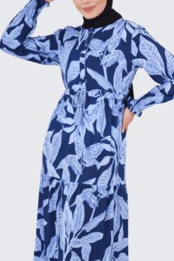Lacivert Önden Bağlamalı Yaprak Desen Boydan Elbise