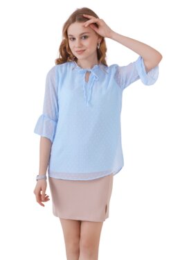 Mavi Yaka Bağlamalı Astarlı Şifon Bluz