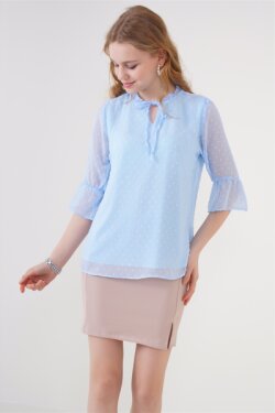 Mavi Yaka Bağlamalı Astarlı Şifon Bluz