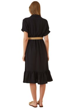 Siyah Gömlek Yaka Hasır Kemerli Ayrobin Midi Elbise