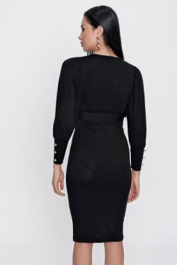 Siyah Kol Düğmeli Kruvaze Midi Elbise