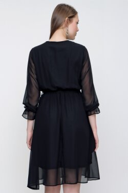 Siyah Kruvaze Yaka Kuşaklı Midi Elbise