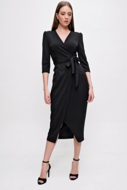 Siyah Kruvaze Yaka Midi Elbise