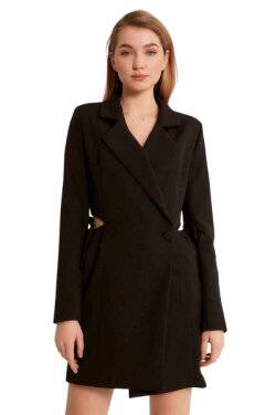 Siyah Yan Dekolteli Mini Ceket Elbise