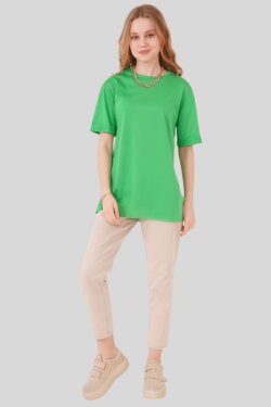 Yeşil Kol Katlı Yırtmaçlı Salaş Tişört