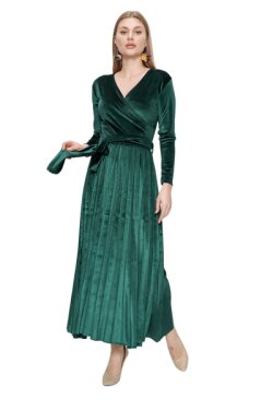 Zümrüt Yeşil Zürüt Kemerli Uzun Kadife Elbise