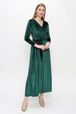 Zümrüt Yeşil Zürüt Kemerli Uzun Kadife Elbise
