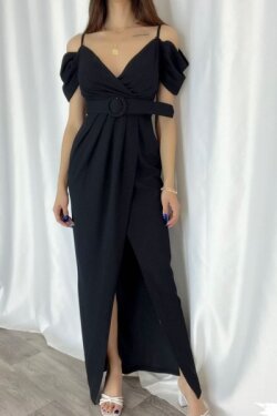 Askılı Siyah Krep Kumaş Kruvaze Yaka Yırtmaçlı Kemerli Uzun Elbise