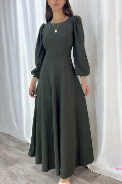 Haki Krep Kumaş Uzun Kollu Elbise