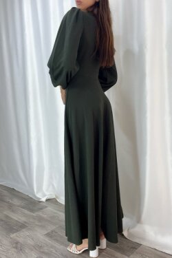 Haki Krep Kumaş Uzun Kollu Elbise