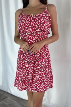 Kırmızı Çiçek Desenli İnce Askılı Volanlı Mini Elbise