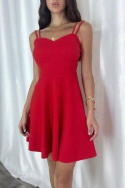 Kırmızı Çift Askılı Krep Kumaş Mini Elbise