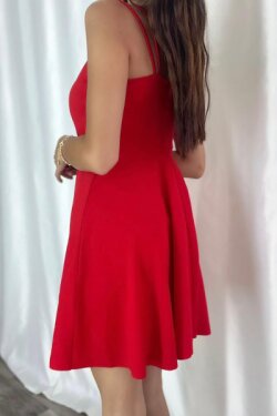 Kırmızı Çift Askılı Krep Kumaş Mini Elbise