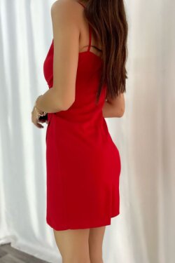 Kırmızı İthal Krep Kumaş İnce Askılı Katlamalı Mini Elbise