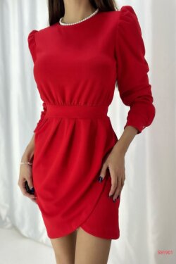 Kırmızı Krep Kumaş Uzun Kollu Katlamalı Mini Elbise